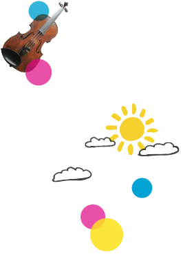 violin, pig and coloured bubbles