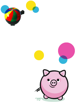 violin, pig and coloured bubbles
